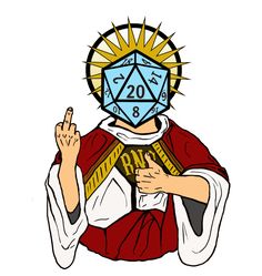 a man with a dice on his head and hands in front of him, as if he is playing the d20