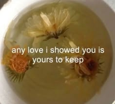 a white bowl filled with soup and two yellow flowers on it's side that says, any love i showed you is yours to keep