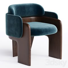 a wooden chair with blue velvet upholstered seat and back rest, viewed from the side