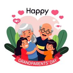 an elderly couple and two children hugging each other with the words happy grandparents day on it