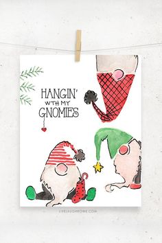 Adorable Hangin' with my Gnomies printable! Not only is it cute, but it's free and available in two different sizes. Grab yours at livelaughrowe.com Christmas Cards Handmade Kids, Cards Drawing, Christmas Cards Drawing, Christmas Drawings, Christmas Doodles, Christmas Card Art, Art Carte, Watercolor Christmas Cards, Christmas Card Crafts