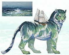 a paper model of a tiger with a sailboat on its back