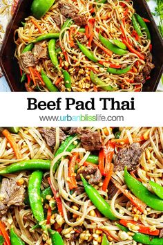 beef pad thai noodles in a skillet with green peppers and carrots