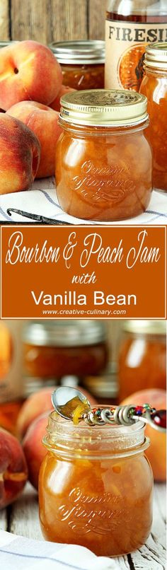 bourbon peach jam with vanilla bean in a mason jar and fresh peaches on the side