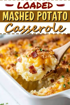 mashed potato casserole in a white dish with a wooden spoon