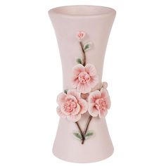 a pink vase with flowers painted on it