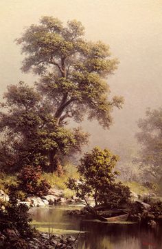 an oil painting of a river with trees and rocks in the foreground, on a foggy day