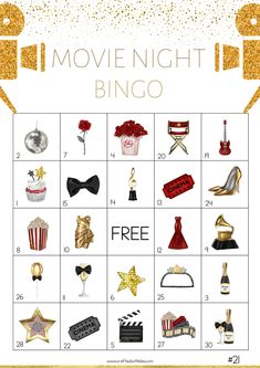 the movie night bingo game is shown in gold and black with red flowers on it