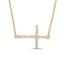 Pretty and meaningful, this faithful necklace reflects her deep devotion. Crafted in warm 10K gold, this sideways cross sparkles with diamond accents. Polished to a bright shine, this faithful design is centered along an 18.0-inch rope chain that secures with a spring-ring clasp. Zales Zales, Sideways Cross Necklace, Diamond Cross Necklace, Cross Necklace Sideways, Peoples Jewellers, Diamond Cross, Chain Ring, Rope Chain, Diamond Stone