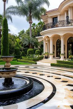 a fountain in front of a large house