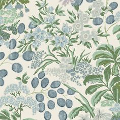 a blue and green floral wallpaper with lots of flowers on the bottom half of it