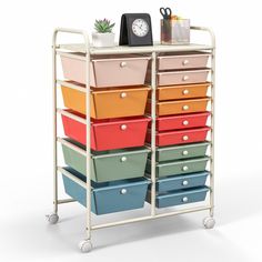 a multicolored storage cart with many drawers on it and a clock in the background