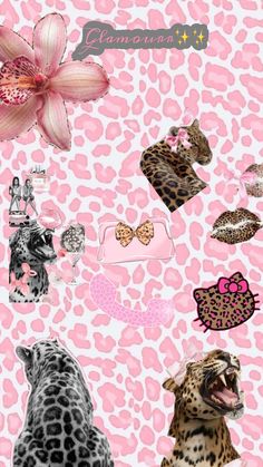 a pink leopard print wallpaper with lots of different things on it