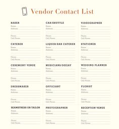 the wedding vendor contact list is shown in orange and white, with an orange background