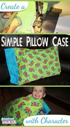 a child is smiling while sitting on a pillow with the words, create a simple pillow case