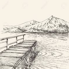 an ink drawing of a dock in the water with mountains in the background and snow capped mountains