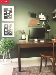 a home office with green walls and pictures on the wall