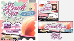 an advertisement for peach eyes and blue sky