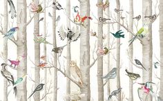 a wallpaper with birds and trees in the woods, on white paper that has been painted