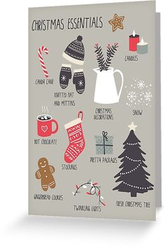 christmas essentials greeting card in grey with red and white stockings, snowflakes, mittens, hot cocoa, teapot, candy cane