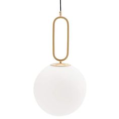 a white ball hanging from a gold metal hook