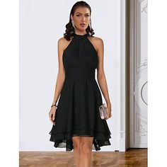 Silhouette:A-Line; Hemline / Train:Knee Length; Closure:Zipper UP; Built-In Bra:No; Embellishment:Tiered,Sleek; Fabric:Chiffon; Sleeve Length:Sleeveless; Back Details:V Back; Tips:Hand Wash Only,Colors may vary slightly due to different monitor settings; Boning:No; Style:Black Dress,Tiered Plisse,High Waisted,Flirty,Party; Occasion:Cocktail Party,Engagement,Wedding Guest; Neckline:Halter Neck; Sleeve Type:Sleeveless; Front page:Cocktail Dresses; Listing Date:07/05/2021; Bust:null; Hips:null; Wai Sleeveless High Neck Dress, Cocktail Dress Classy, Party Dress Wedding, Cheap Cocktail Dresses, Cheap Party Dresses, Cocktail Dresses Online, A Line Cocktail Dress, Party Dresses Online, Dress Wedding Guest