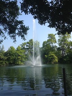 a large fountain spewing water into a lake surrounded by trees