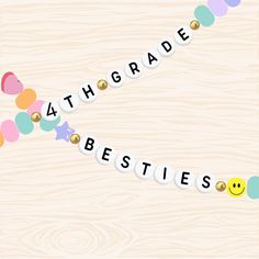 the word math grade besties spelled out in letters with smiley faces and balloons around it