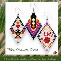 the first nations series beaded earrings are shown in three different colors and designs, each with