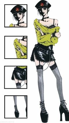 a drawing of a woman in black and yellow clothes with her arms crossed, wearing high heels