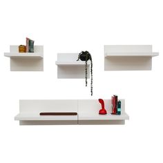 three white shelves with books and vases on them in the shape of flowers, plants and other things