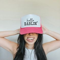 MADE IN SUNNY CALIFORNIA! Hello Darlin' Trucker Hat Perfect for the river, beach,  bonfires and camping Mesh Back Cap Plastic Adjustable Snap Closure Also available in Ponytail Trucker Hats Hello Darlin, Cowgirl Vintage, Lets Get Lit, 7 Seconds, Print Transfer, Ponytail Hat, Sunny California, Vintage Cowgirl, Applique Designs