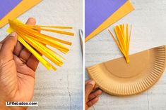 someone is making a paper plate with yellow straws