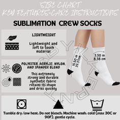 Sublimation Socks, Measurement Chart, 1 Image, Single Image, Synthetic Fabric, Crew Socks, Mockup, Care Instructions, Beauty Book