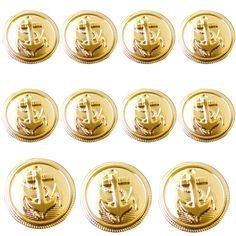 a set of twelve gold coins with an image of a ship