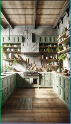 a kitchen with green cabinets and wooden flooring is shown in this image, there are pots on the shelves above the stove