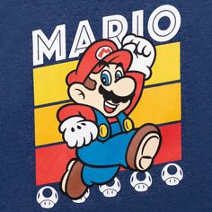 a blue shirt with an image of mario on it