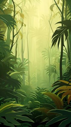 an image of a jungle scene with sunlight coming through the trees