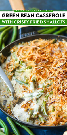 Want more Christmas dinner recipes? Here's a Thanksgiving side dish idea using fresh green beans! Complete with crispy fried shallots, this green bean casserole from scratch is the BEST. Pin this for later! Cheesy Green Beans, Cheesy Green Bean Casserole, Southern Green Beans, Classic Green Bean Casserole, Southern Greens, Thanksgiving Meals, Homemade Cheese Sauce, Greenbean Casserole Recipe, Cooking Green Beans