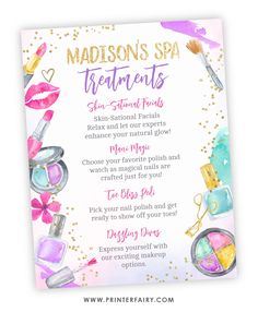 a pink and purple flyer with cosmetics items on it