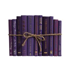 purple books tied up with rope on top of each bookcase in front of a white background