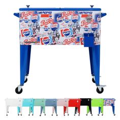 the pepsi cola cooler table is shown with four different colors and wheels on each side