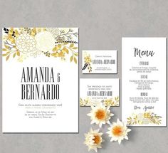 wedding stationery with flowers and gold foil