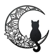 a black cat sitting on top of a crescent with flowers in the moon silhouettes