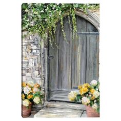 a painting of an old wooden door with flowers