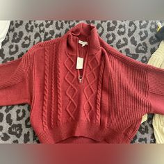 Red Quarter Zip, Cableknit, Size Large, Never Worn Red Cable Knit Sweater For Fall, Casual Knitted Burgundy Sweater, Casual Burgundy Knitted Sweater, Cozy Red Soft Knit Top, Red Knit Cropped Sweater For Winter, Red Soft Knit Sweater, Casual Red Knitted Top, Cozy Red Textured Knit Sweater, Cozy Burgundy Knit Sweater