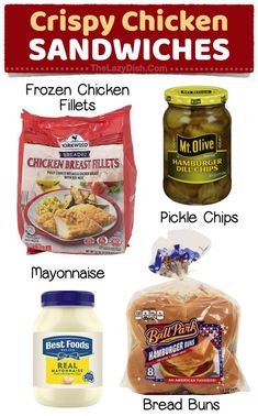 the ingredients to make crispy chicken sandwiches are shown in this graphic above it is an image