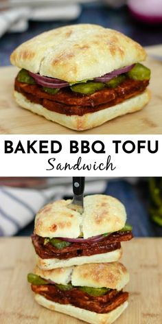 two sandwiches stacked on top of each other with the words baked bbq tofu sandwich