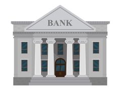 an old bank building with columns and pillars on the front door, it is isolated against a white background