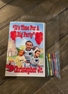 it's time for a big party book and crayons on the floor